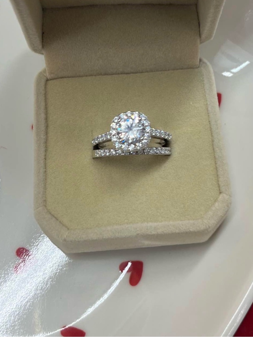 Sterling silver 925 Brilliant Halo Cubic Zirconia Bridal Ring Set - Silver Tone